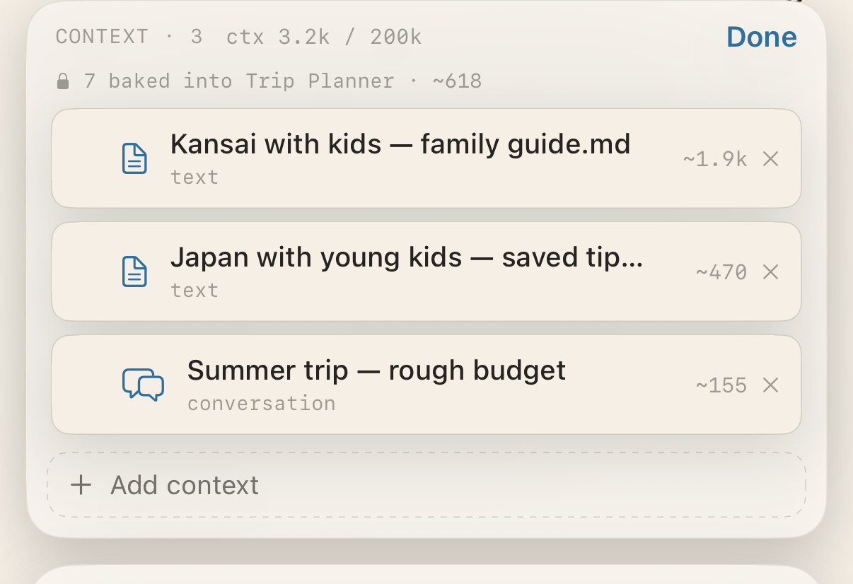 The composer — the notes, books and files loaded into a conversation, with a live token budget